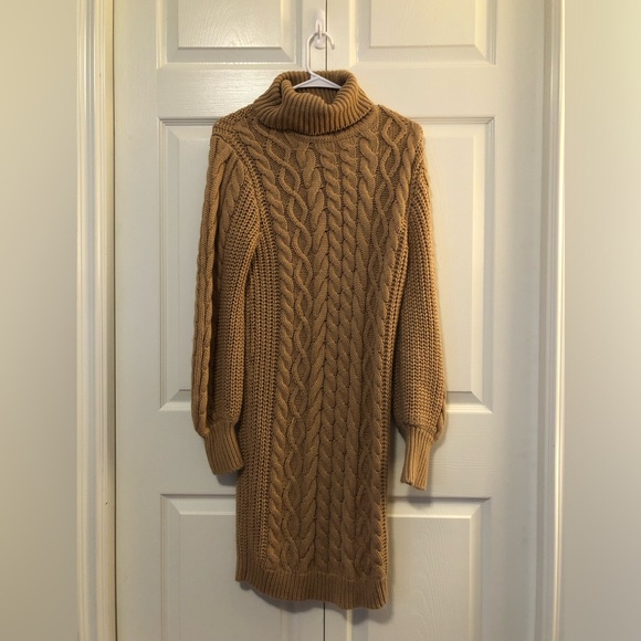 Brave Soul Sweaters - Brave Soul Camel Cable Knit Turtleneck Sweater Dress